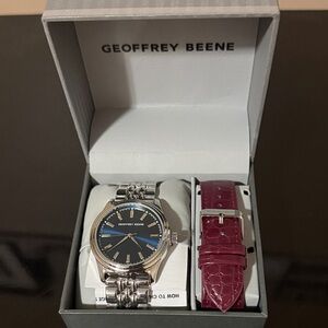 Geoffrey Beene Silver and Black Watch with Burgundy Strap